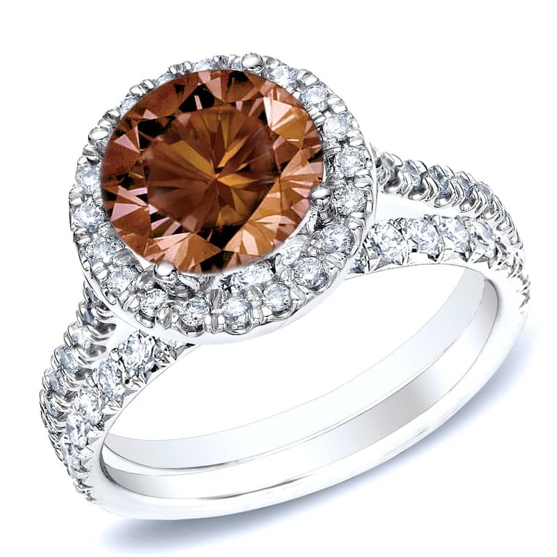 Auirya 1ct TDW Round Split Shank Brown Diamond Halo Engagement Ring Set 14k Gold - 10 - White