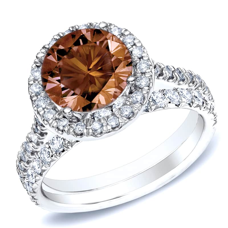 Auirya 1ct TDW Round Split Shank Brown Diamond Halo Engagement Ring Set 14k Gold - 4 - White