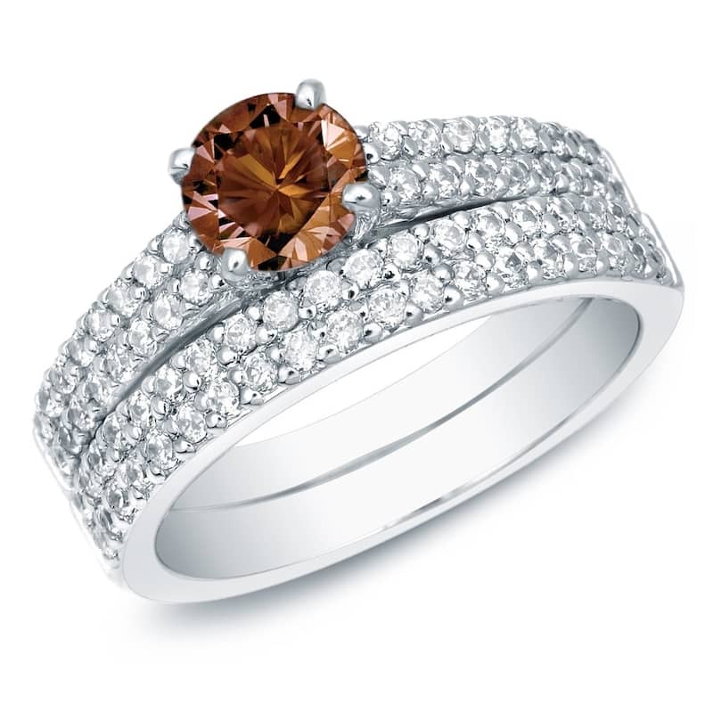 Auriya 14k Gold 1 1/2ctw Double Pave Brown Diamond Engagement Ring Set - White - 4