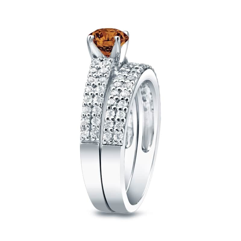 Auriya 14k Gold 1 1/2ctw Double Pave Brown Diamond Engagement Ring Set