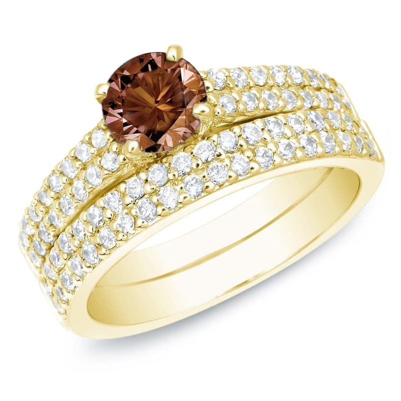 Auriya 14k Gold 1 1/2ctw Double Pave Brown Diamond Engagement Ring Set