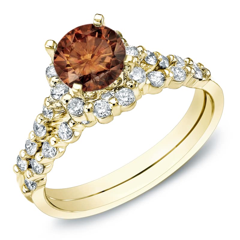 Auriya 14k Gold 1 1/2ct TDW Brown Round Diamond Bridal Set Ring (SI1-SI2) - 4 - Yellow