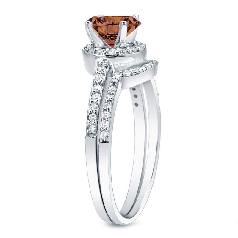 Auriya 14k Gold 1ctw Brown Diamond Halo Engagement Ring Set