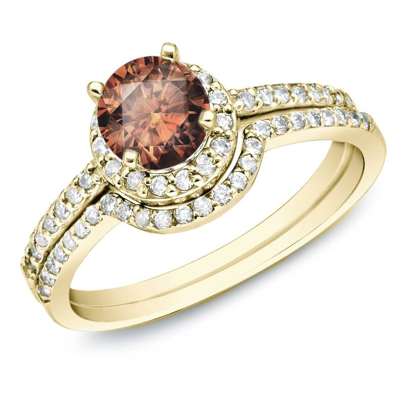 Auriya 14k Gold 1ctw Brown Diamond Halo Engagement Ring Set