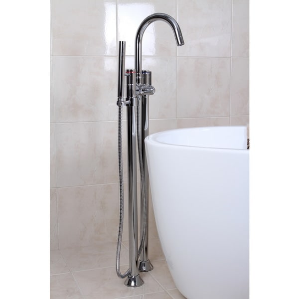 Dual Post Floor Mount Satin Nickel Tub Filler with Hand Shower