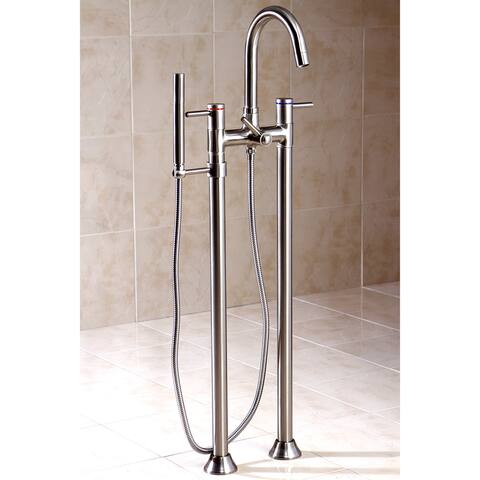 Dual Post Floor Mount Satin Nickel Tub Filler with Hand Shower