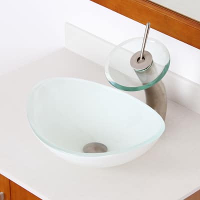 Elite 1420/ F22TBN White Oval Tempered Glass Bathroom Vessel Sink and Waterfall Faucet Combo