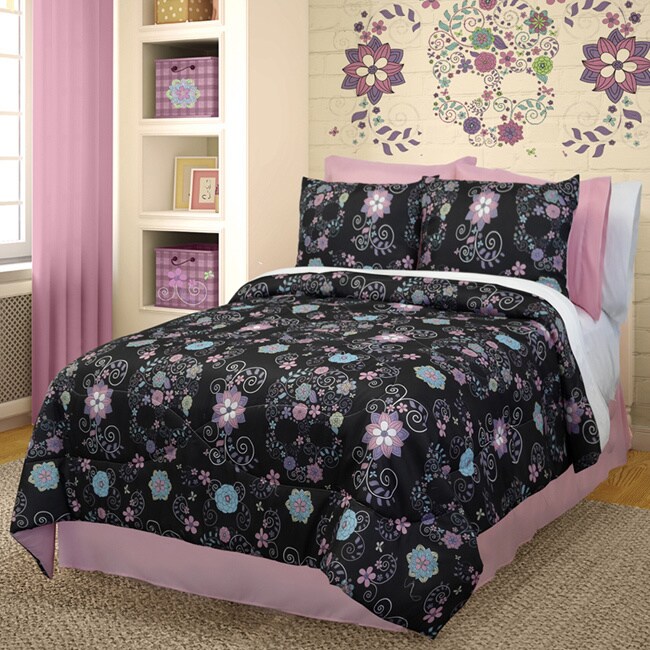 Shop Veratex Floral Sugar Skulls Black 3 Piece Comforter Set On