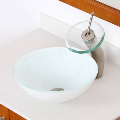 Elite 1421/ F22TBN White Double Layer Tempered Glass Bathroom Vessel Sink and Waterfall Faucet Combo