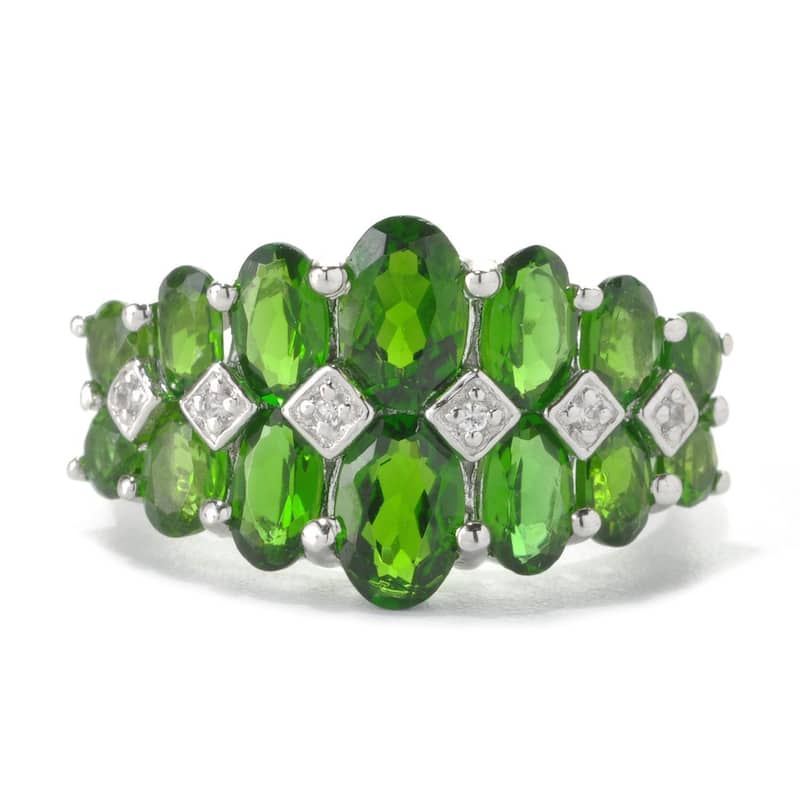 Platinum Over Sterling Silver Chrome Diopside and Diamond Accent Graduated Band Ring - 7