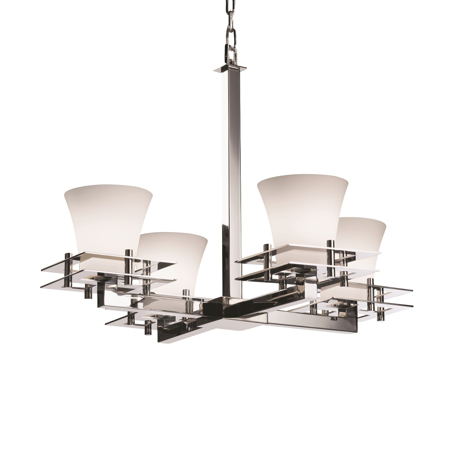 Justice Design Group Fusion Metropolis 4-light Polished Chrome Chandelier, Opal Round Flared Shade - Silver (Chrome, opal) - Chandeliers For Bedrooms by Overstock.com