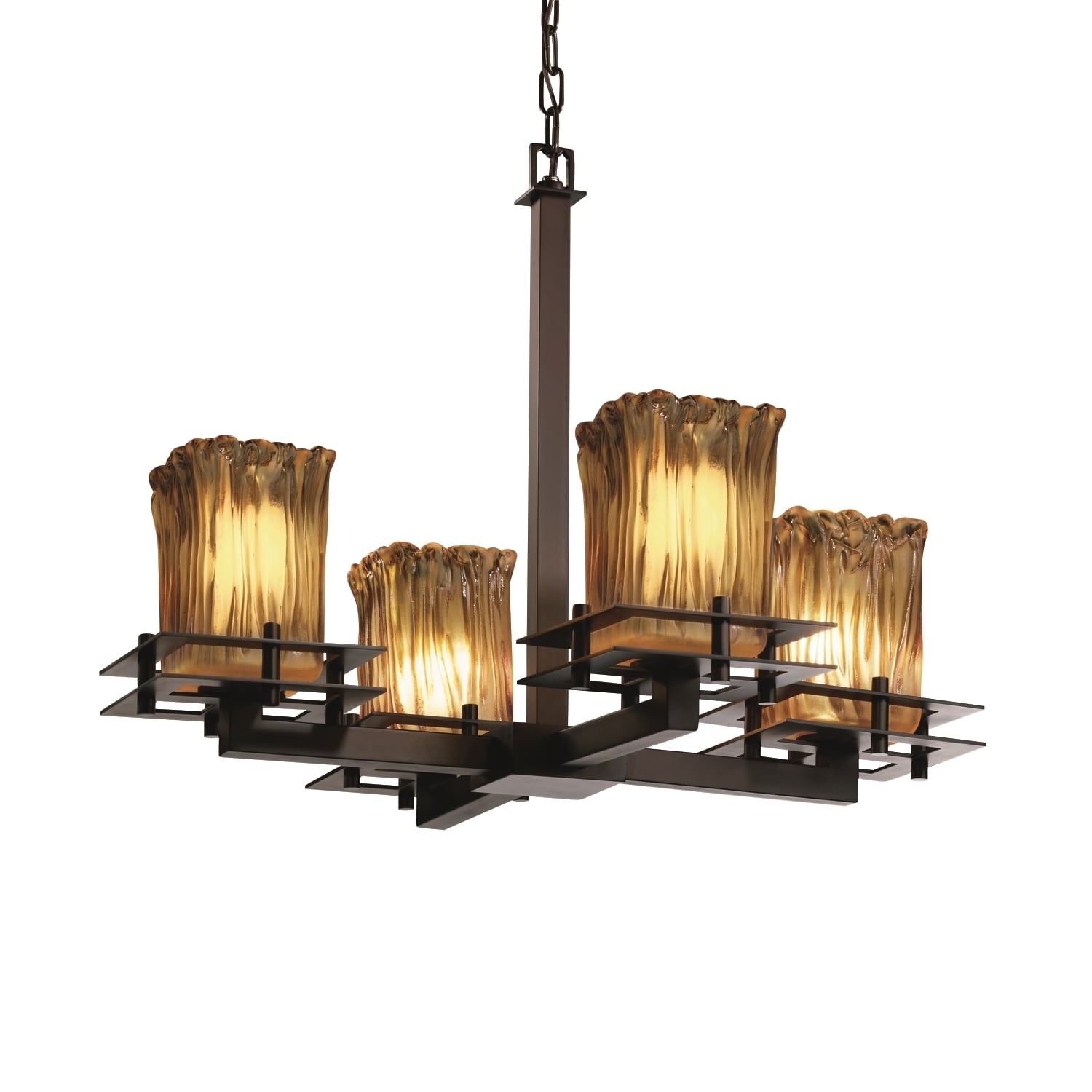 Justice Design Group Veneto Luce Metropolis 4-light Dark Bronze Chandelier, Amber Square - Rippled Rim Shade (Bronze, amber) - Chandeliers For Bedrooms by Overstock.com