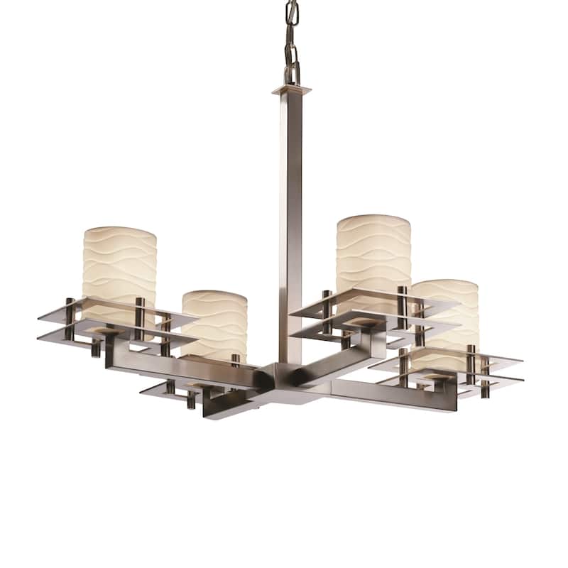 Justice Design Limoges Metropolis 4-light Brushed Nickel Chandelier, Waves Cylinder - Flat Rim Shade - Brushed Nickel