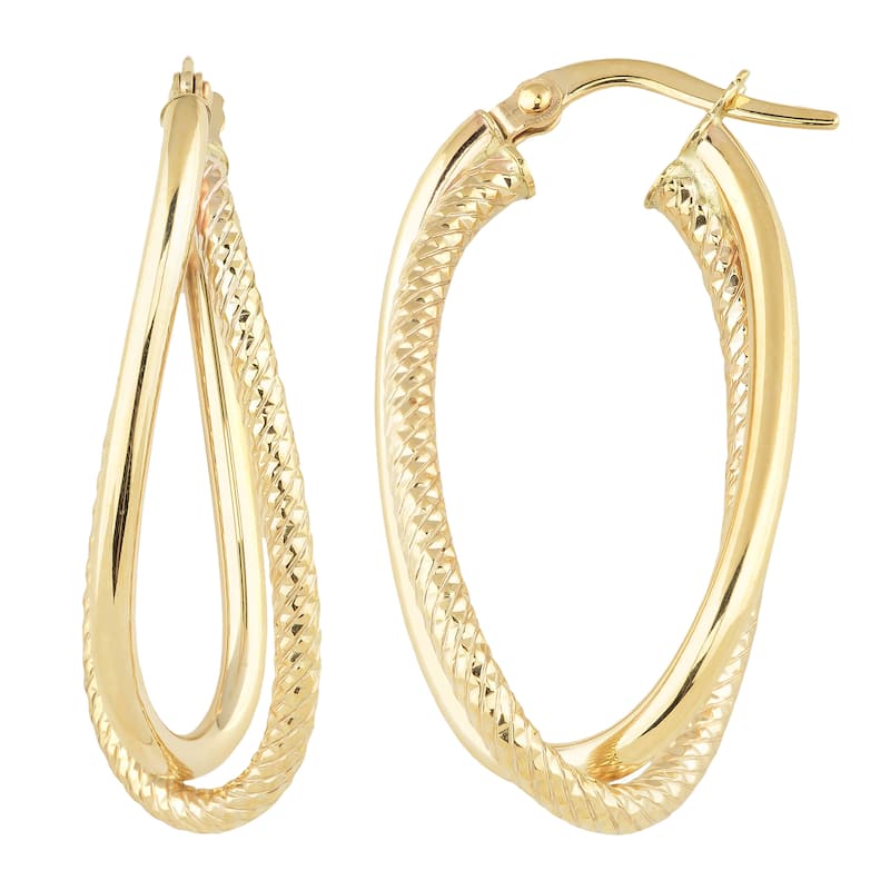 Fremada Women's 10k Yellow Gold High Polish/Diamond-cut Overlap Elongated Hoop Earrings