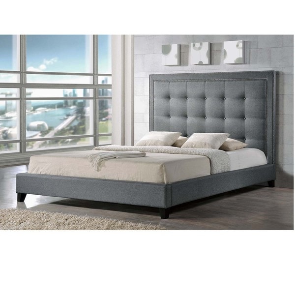 Baxton Studio Hirst Grey Linen Bed with Upholstered Headboard On