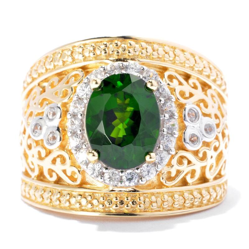 Yellow Vermeil Over Sterling Silver Chrome Diopside/ White Zircon Wide Band Ring