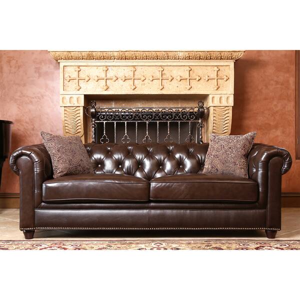 Shop Abbyson Carmela Dark Brown Top Grain Leather Chesterfield