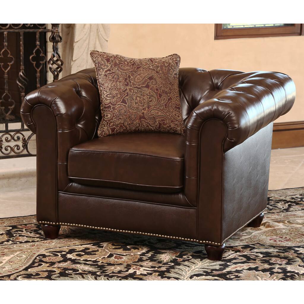 Abbyson Carmela Dark Brown Top Grain Leather Chesterfield Armchair