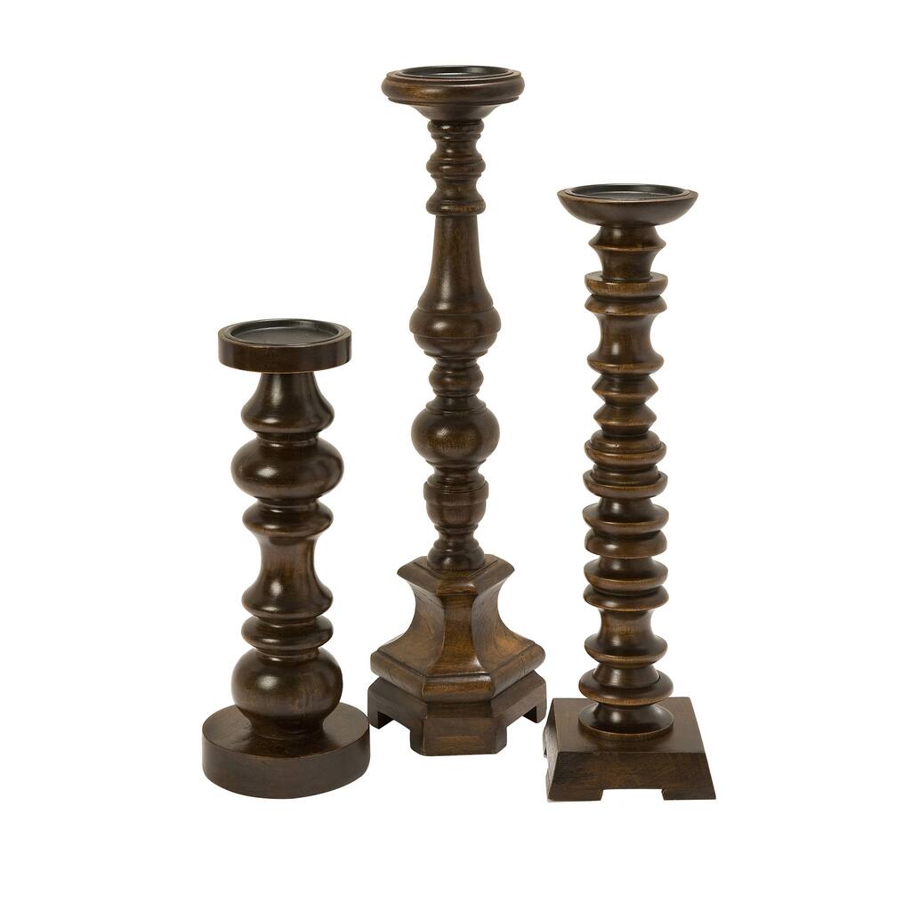 Nilay Wood Candleholders In Old Oak Finish (Set of 3)
