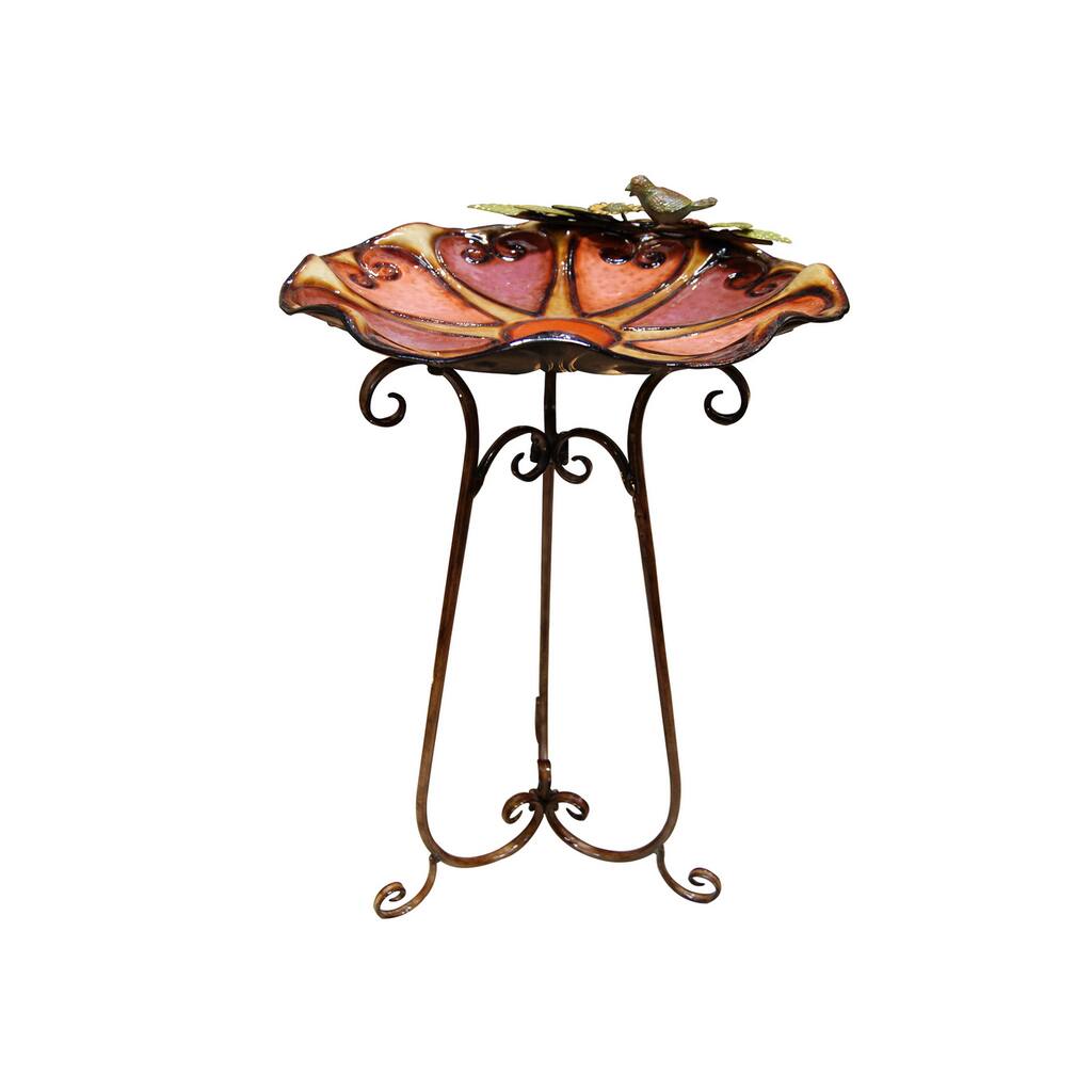 Metal Colorful Birdbath with Bird and Leaves