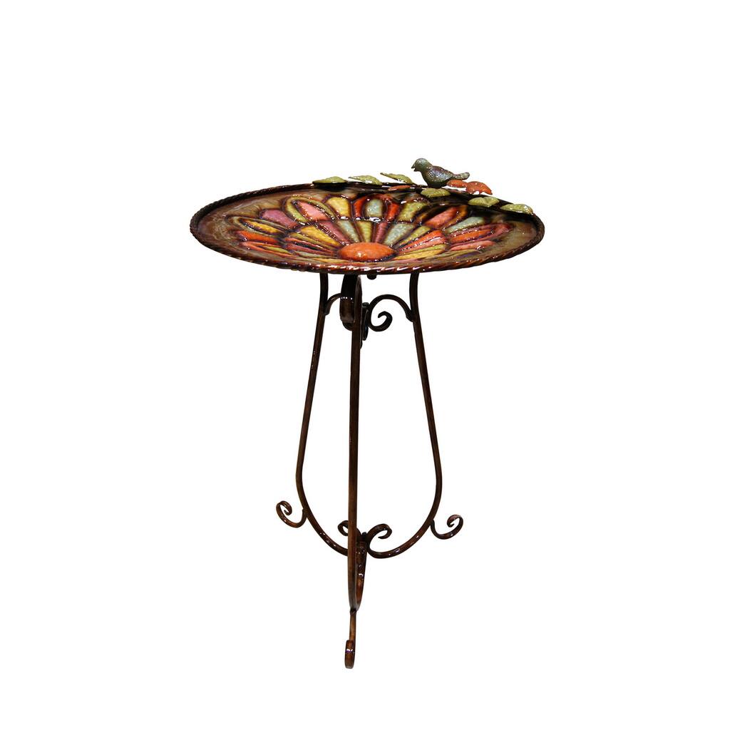 Metal Colorful Birdbath with Bird and Leaves