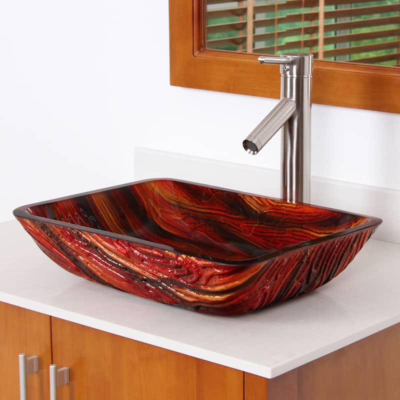 Elite Lava Rock Rectangle Tempered Glass Bathroom Vessel Sink and Faucet Combo