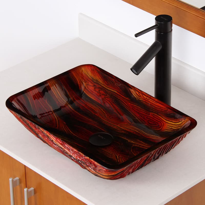 Elite Lava Rock Rectangle Tempered Glass Bathroom Vessel Sink and Faucet Combo - Oil Rubbed Bronze Finish Faucet+Sink