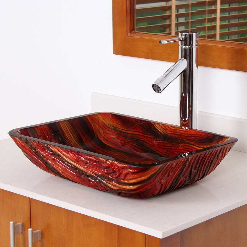 Elite Lava Rock Rectangle Tempered Glass Bathroom Vessel Sink and Faucet Combo