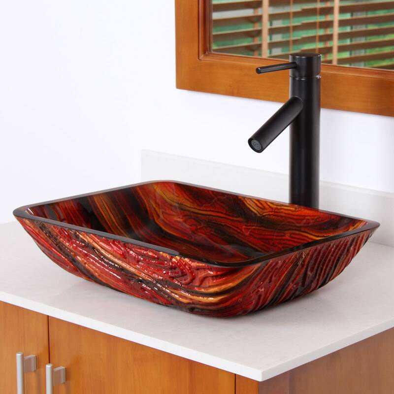 Elite Lava Rock Rectangle Tempered Glass Bathroom Vessel Sink and Faucet Combo