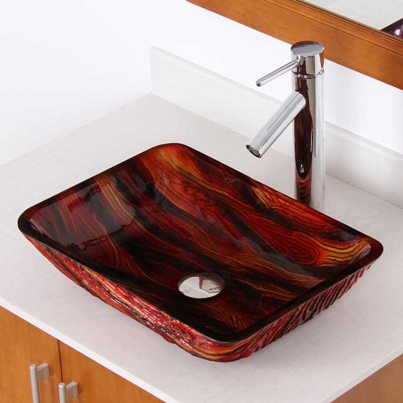 Elite Lava Rock Rectangle Tempered Glass Bathroom Vessel Sink and Faucet Combo - Chrome Finish Faucet+Sink