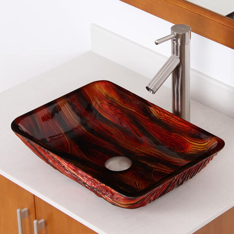 Elite Lava Rock Rectangle Tempered Glass Bathroom Vessel Sink and Faucet Combo - Brushed Nickel Finish Faucet+Sink