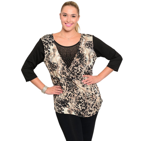 Stanzino Womens Plus Size Rhinestone Detailed Animal Print Top