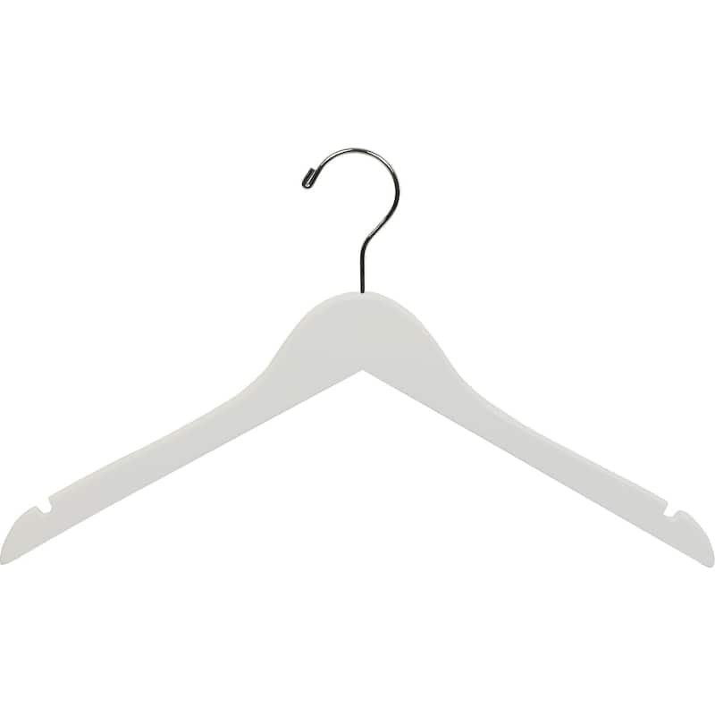 White Wooden Top Hangers with Notches and Chrome Swivel Hook - box of 50