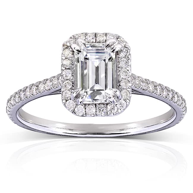 Annello by Kobelli 14k White Gold 1 1/3ct TGW Emerald-cut Moissanite and Diamond Halo Engagement Ring