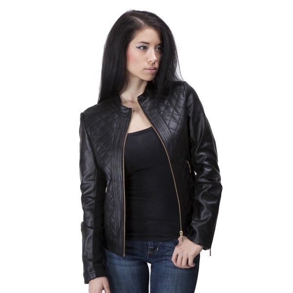 United Face Women's Lambskin Quilted Leather Jacket. Opens flyout.