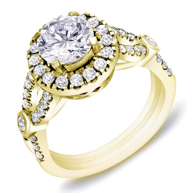 Auriya Unique 1 1/2ct TDW Round Diamond Halo Engagement Ring 14k Gold Certified - 4 - Yellow