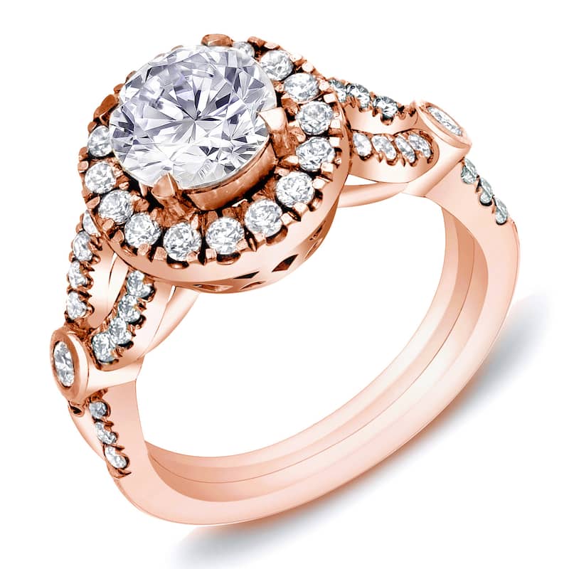 Auriya Unique 1 1/2ct TDW Round Diamond Halo Engagement Ring 14k Gold Certified - 4 - Rose