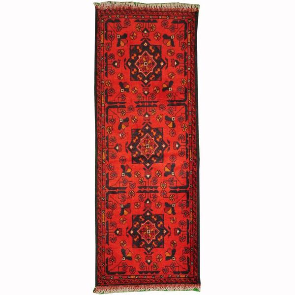 Handmade Herat Oriental Afghan Tribal Khal Mohammadi Red/ Navy Wool Rug (Afghanistan) - 1'10 x 4'10