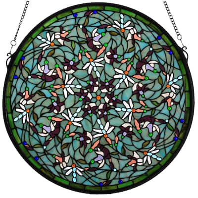 Emerald Dragonfly Swirl Medallion Stained Glass Window Panel