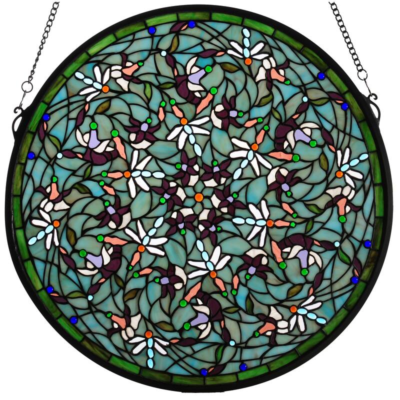 Emerald Dragonfly Swirl Medallion Stained Glass Window Panel - n/a