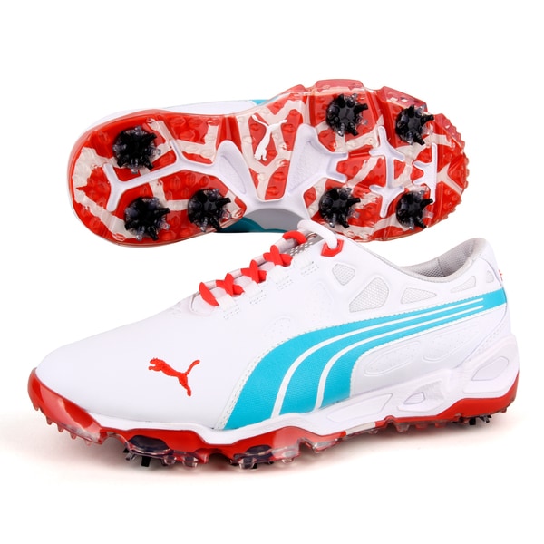 red white and blue puma golf shoes
