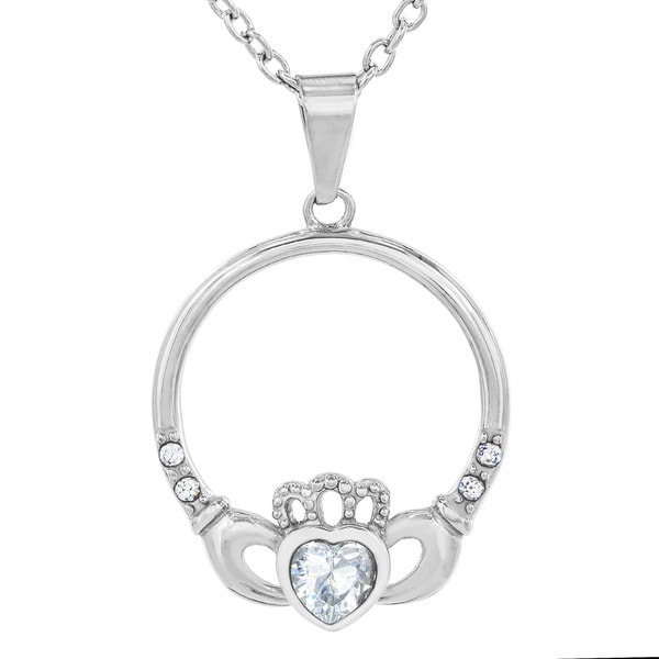 Stainless Steel Crystal Heart Claddagh Pendant Necklace - Silver. Opens flyout.