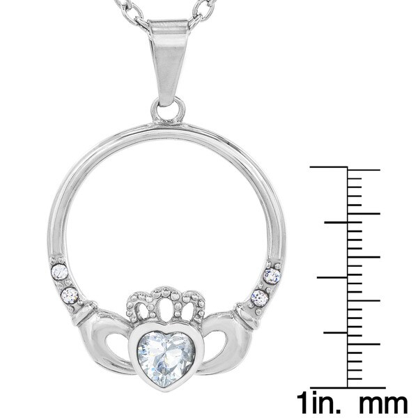 Stainless Steel Crystal Heart Claddagh Pendant Necklace - Silver