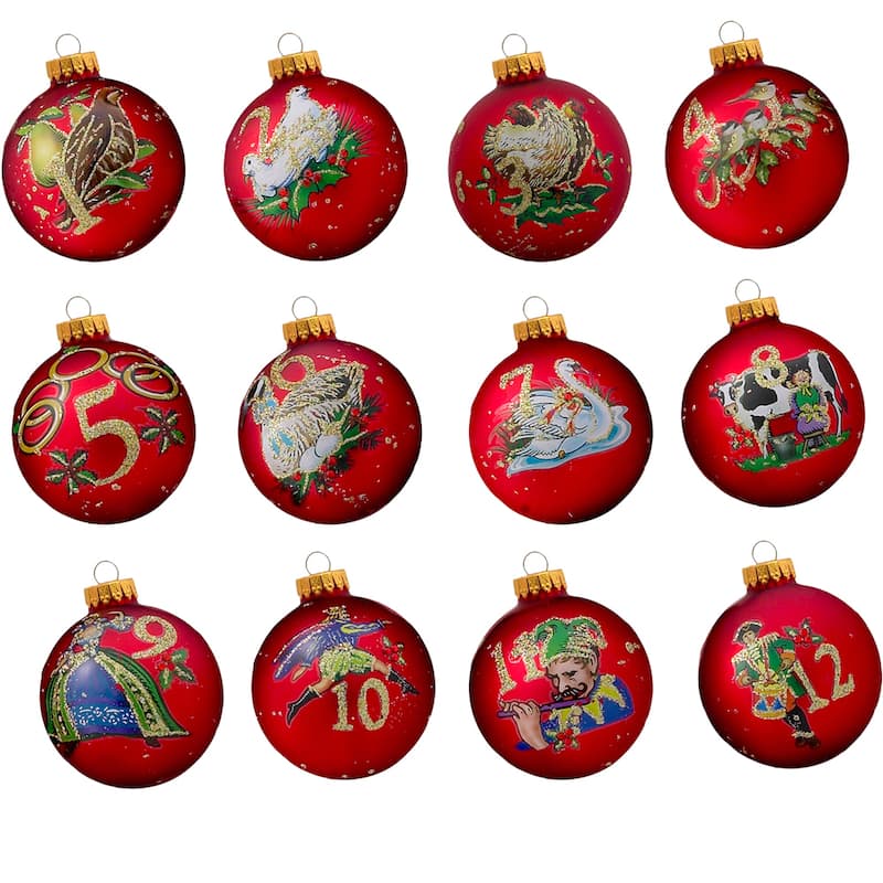 Kurt Adler 65mm 12 Days of Christmas Decorative Glass Balls, 12 Piece Set