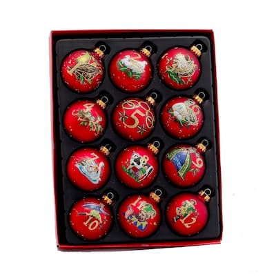 Kurt Adler 65mm 12 Days of Christmas Decorative Glass Balls, 12 Piece Set