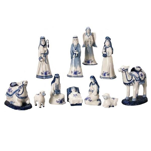 KURT ADLER SET OF 2 PORCELAIN DELFT BLUE HOLY FAMILY NATIVITY XMAS ORNAMENTS