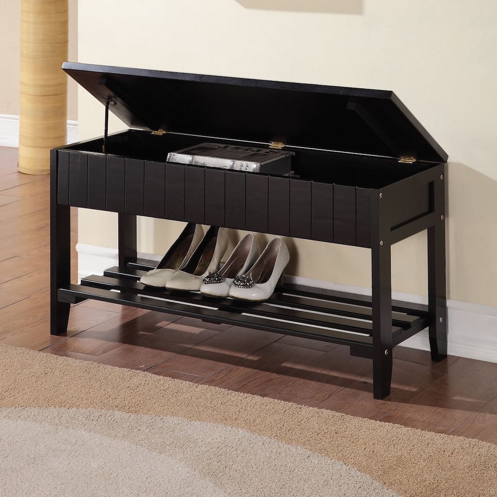 Black Solid Wood Storage Bench with Shoe Shelf