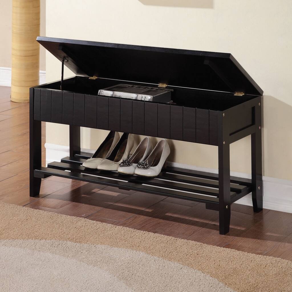Black Solid Wood Storage Bench with Shoe Shelf