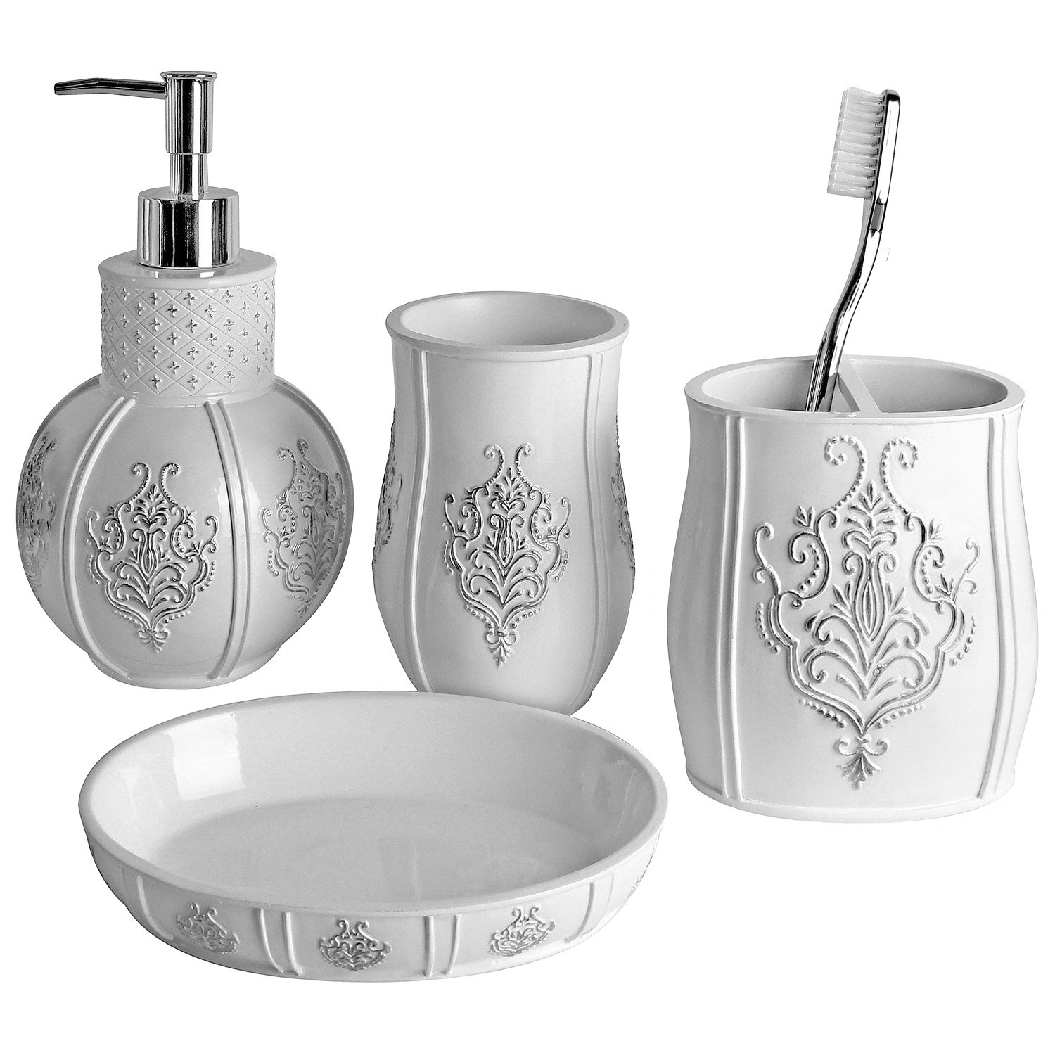 4 Piece Ceramic Luxury Bath Accessory Set with Stunning Sequin Accents,  White, BATH ORGANIZATION