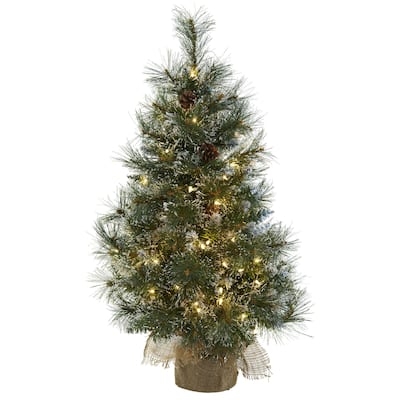 3 ft Christmas Tree w/Clear Lights, Frosted Tips, Pine Cones & Burlap Bag